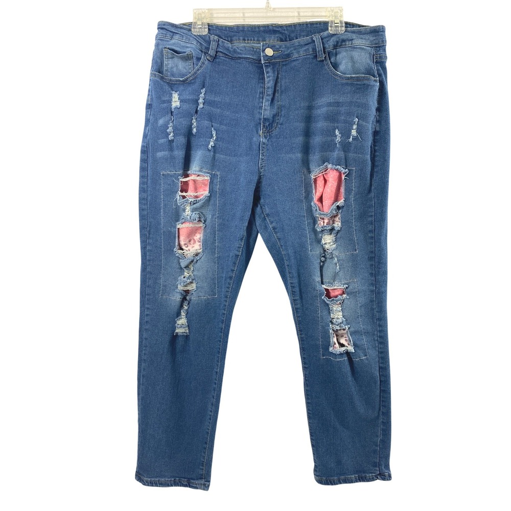 Womens 3XL Jeans Hi Rise Pink Patches Ripped Medium Wash‎ Denim Tapered Stretch